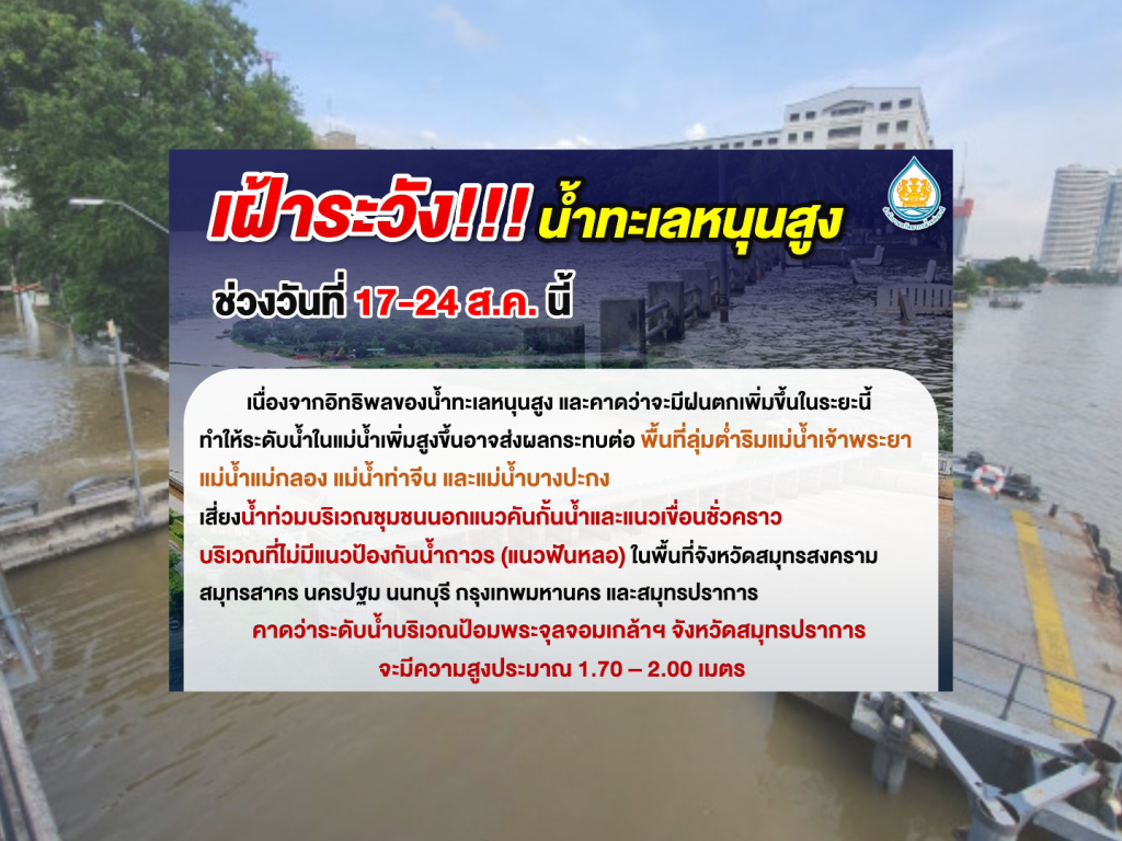 สทนช. เตือนน้ำทะเลหนุนสูง 17-24 ส.ค.นี้