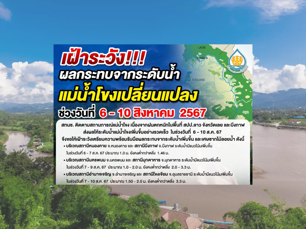 เฝ้าระวังแม่น้ำโขงขึ้นสูง 6-10 ส.ค.นี้