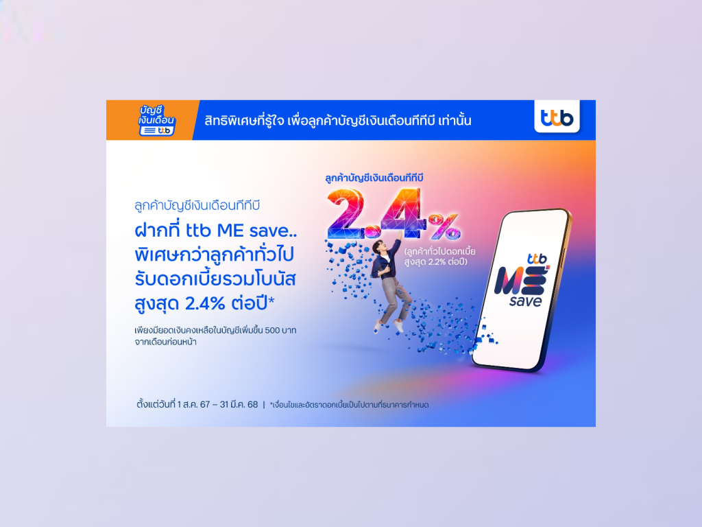 ลูกค้าเงินเดือน ทีทีบี รับดอกเบี้ยรวมโบนัสสูงสุด 2.4% ต่อปี เพียงฝากเงินกับ ttb ME save  