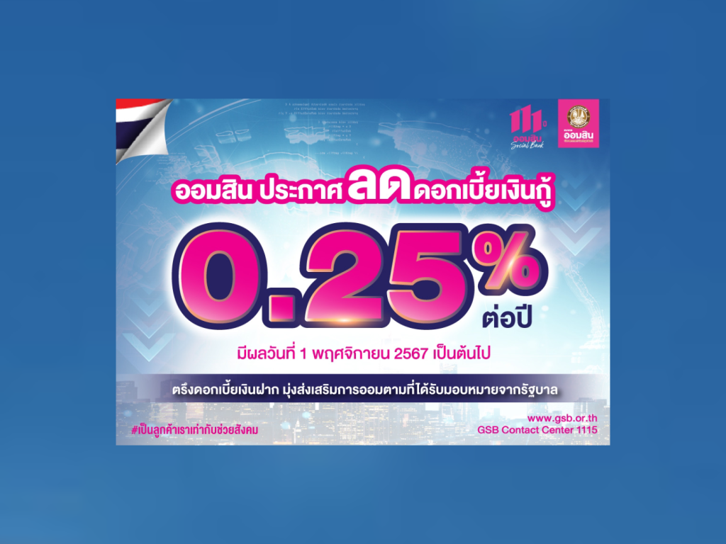 ออมสิน ประกาศลดดอกเบี้ยเงินกู้ 0.25% มีผล 1 พ.ย. 67 ตรึงดอกเบี้ยเงินฝาก