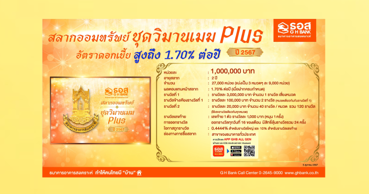 สลากออมทรัพย์ ธอส. ชุดวิมานเมฆ Plus ปี 2567 ให้ผลตอบแทนสูง โอกาสถูกรางวัลสูง