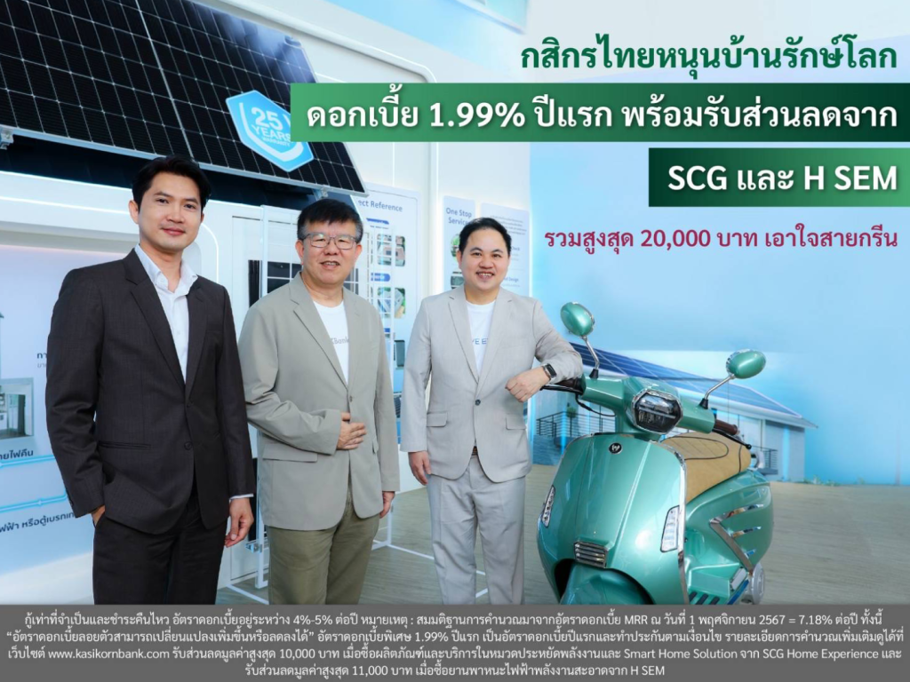 กสิกรไทย โหนสินเชื่อบ้านรักษ์โลก กดดอกเบี้ย 1.99% รับส่วนลดอีก 2 หมื่นบาท