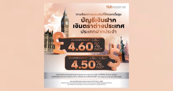 ttb ดันดอกเบี้ยเงินฝากสกุลดอลลาร์สหรัฐฯ 4.20% 