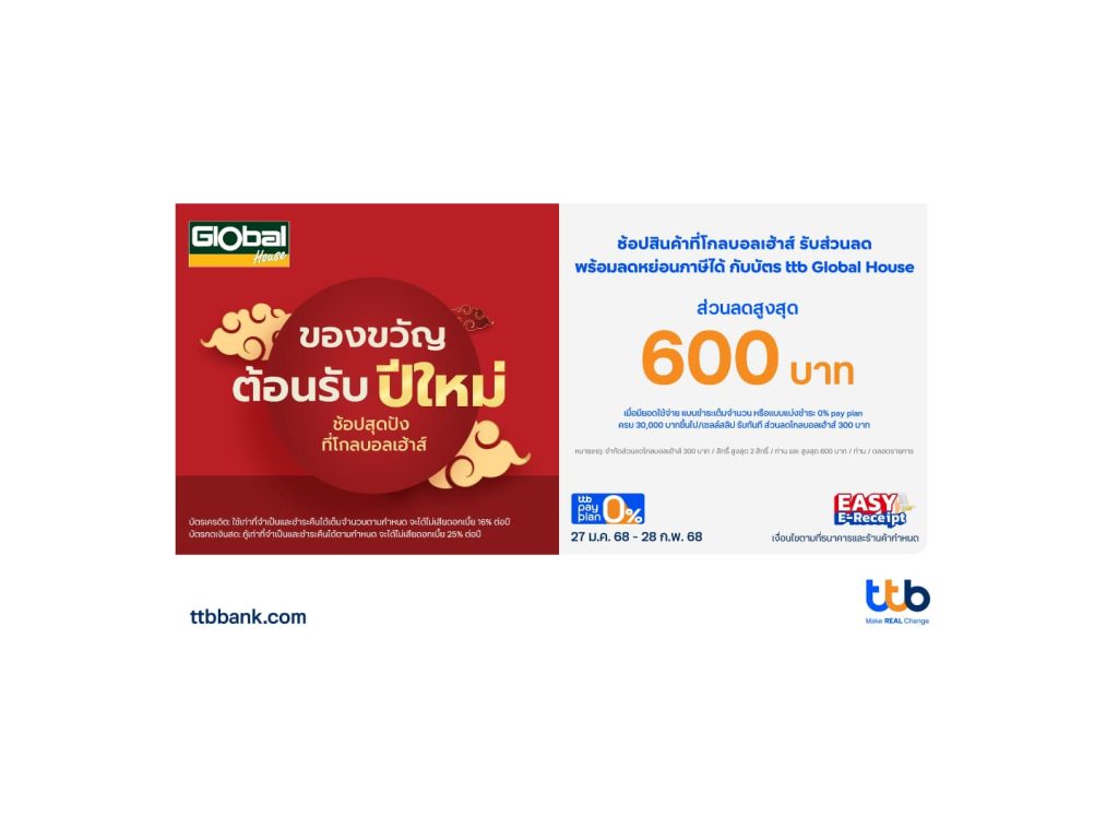 บัตรเครดิตและบัตรกดเงินสด ttb Global House จัดโปรโมชันชวนช้อปที่โกลบอลเฮ้าส์