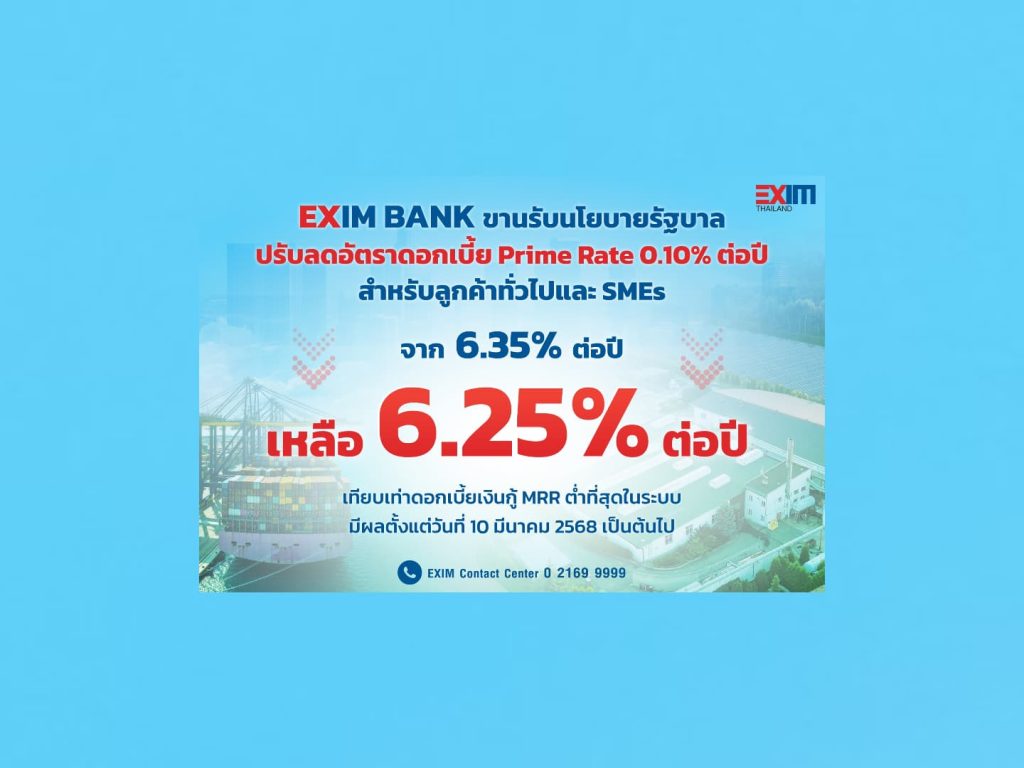 EXIM BANK ลดดอกเบี้ย 0.10% ลงเหลือ 6.25% ต่อปี