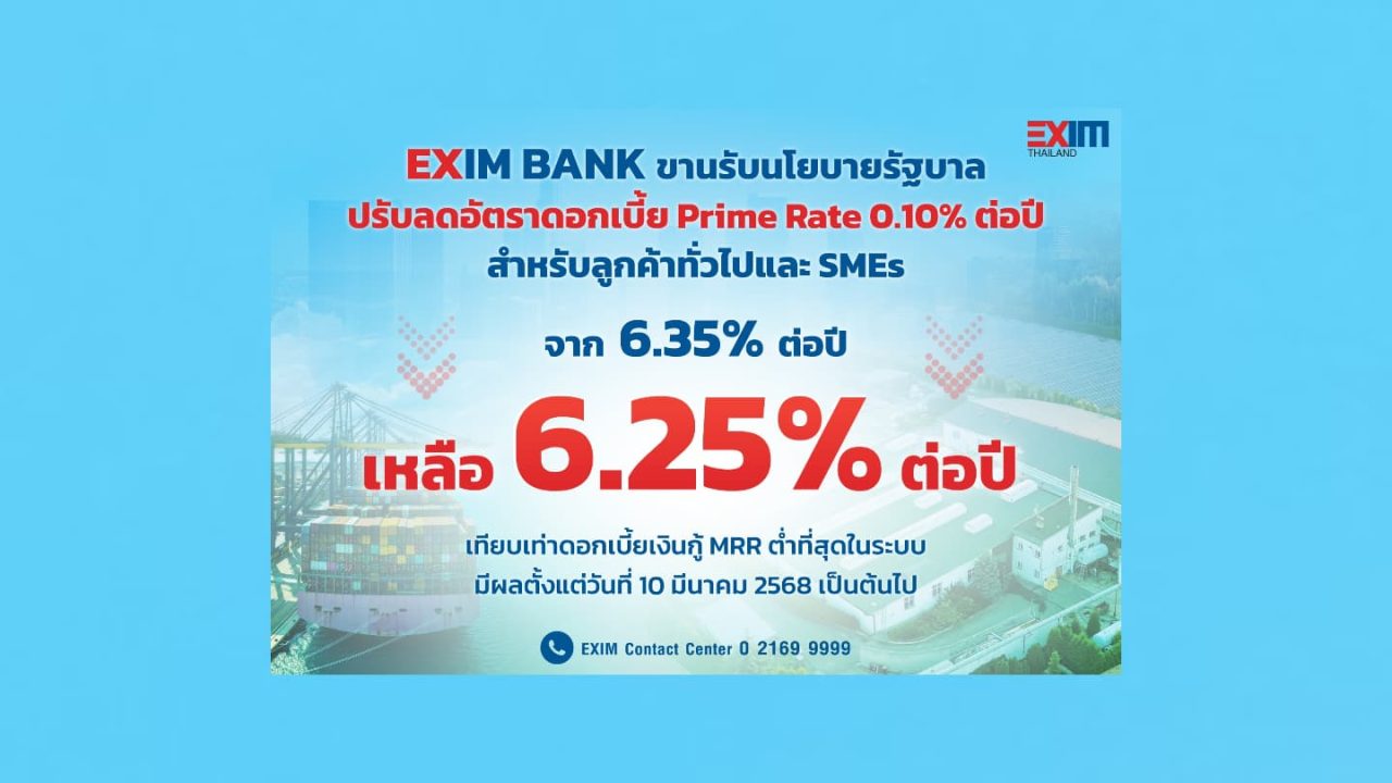 EXIM BANK ลดดอกเบี้ย 0.10% ลงเหลือ 6.25% ต่อปี