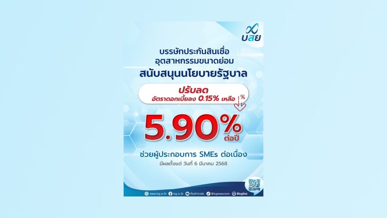 บสย. ปรับลดอัตราดอกเบี้ย 0.15% เหลือ 5.90% ต่อปี