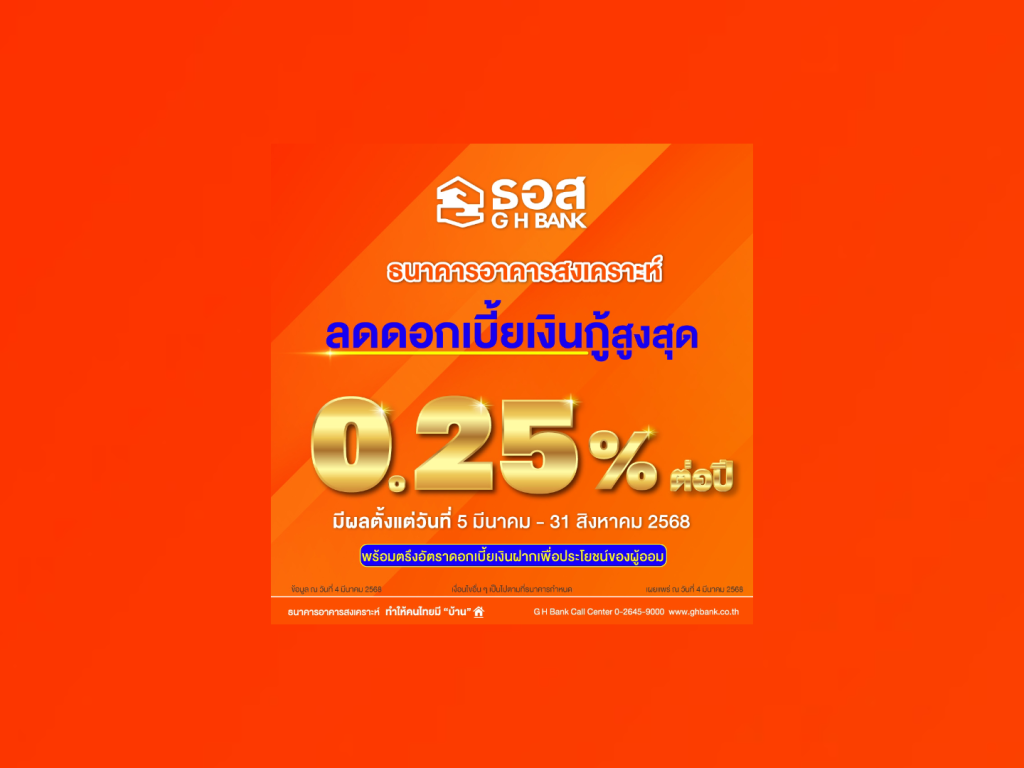 ธอส. ลดดอกเบี้ยสูงสุด 0.25% ต่อปี