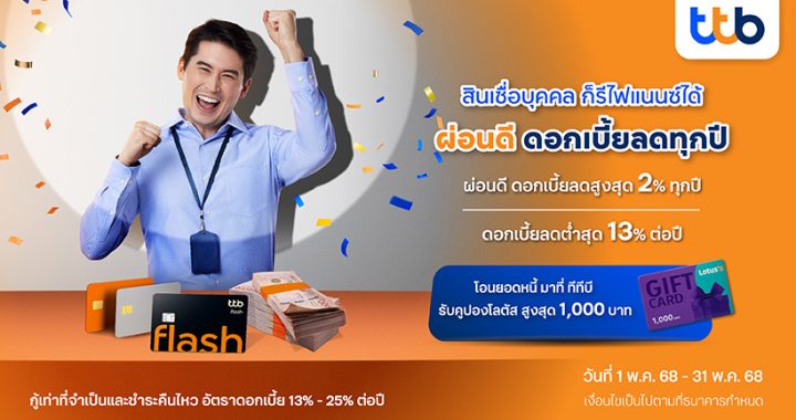 ทีทีบี ชวนลูกหนี้รีไฟแนนซ์มาที่ทีทีบี ผ่อนดี ดอกเบี้ยลดต่ำสุดอยู่ที่ 13% ต่อปี
