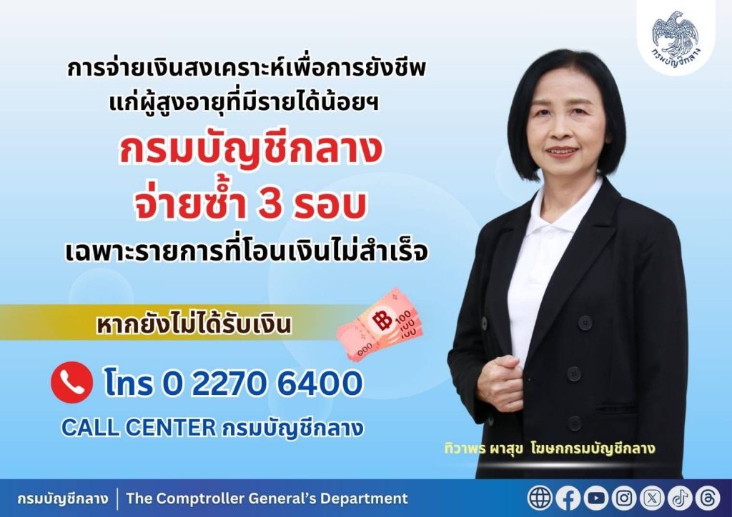 บัญชีกลางโอนซ้ำ 3 รอบ เงินสงเคราะห์ผู้สูงอายุรายได้น้อย ไม่สำเร็จโทร Call Center