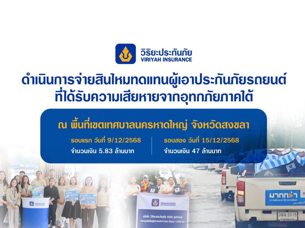 วิริยะประกันภัย เร่งจ่ายสินไหมฯ ผู้เอาประกันภัยในพื้นที่ประสบอุทกภัยภาคใต้