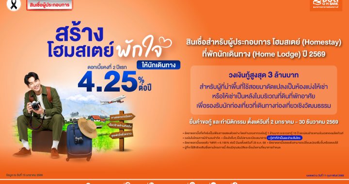 ธอส. ออกสินเชื่อ Homestay–Home Lodge ดอกเบี้ยคงที่ 4.25% 2 ปีแรก 